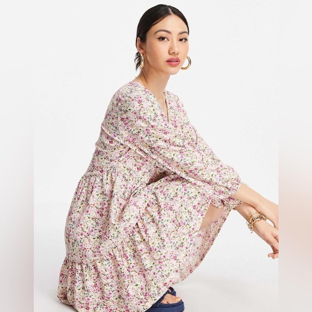 Mango v-neck mini smock dress in pink ditsy floral size 6 or cottagecore prairie